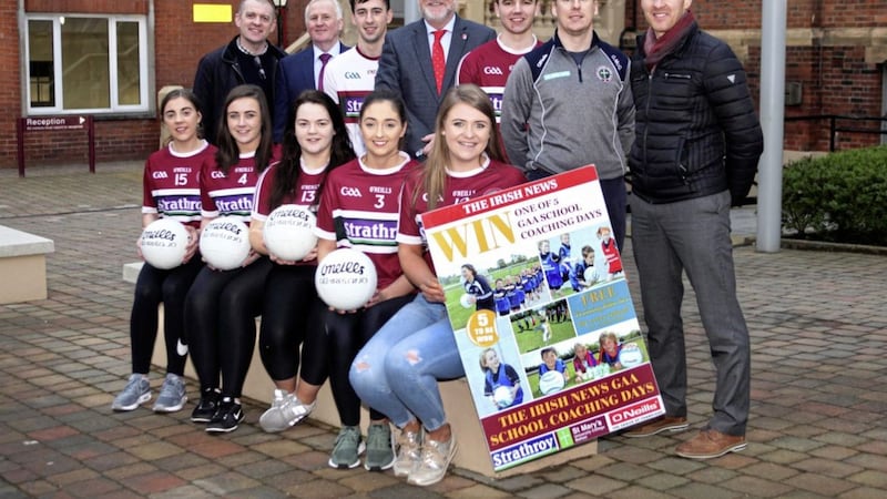 Pictured at the launch of The Irish News coaching days initiative are Ruairi Cunningham (Strathroy), Thomas Hawkins (Irish News Sports Editor), Peter Finn (Principal of St Mary&rsquo;s University College, Belfast), Gavin McGilly and Paddy Tally (St Mary&rsquo;s University College) with St Mary&rsquo;s University student coaches Niamh Morgan, Grainne McAnenly, Aoife Kelly, Colleen McVeigh, Emer Loane, Glenn McKeown and Emmet Loughran. 