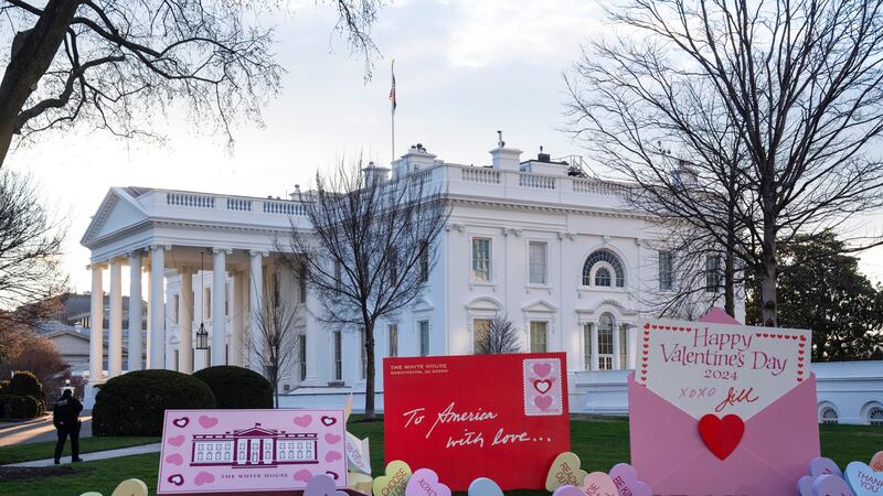 Decorations for Valentine’s Day adorned the White House lawn (AP)