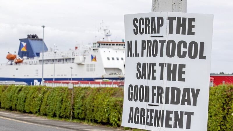 An anti-Northern Ireland Protocol sign close to Larne Port. Picture by Liam McBurney/PA Wire 