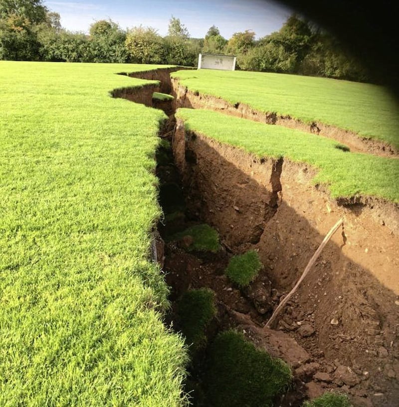 The sinkhole at Drumgossatt National School near Carrickmacross is thought to have been caused by a collapsed mine. Picture courtesy of Border TV