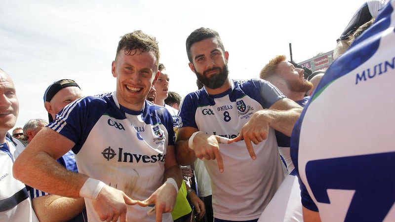 Monaghan Fintan Kelly and Neil McAdam (right) celebrate the county&#39;s second Ulster title in three years with their win over Donegal 
