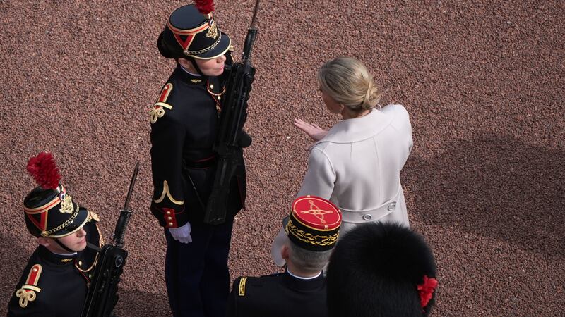 The Duchess of Edinburgh speaks to a Gendarmerie Garde Republicaine from France during a Changing of the Guard at Buckingham Palace, London