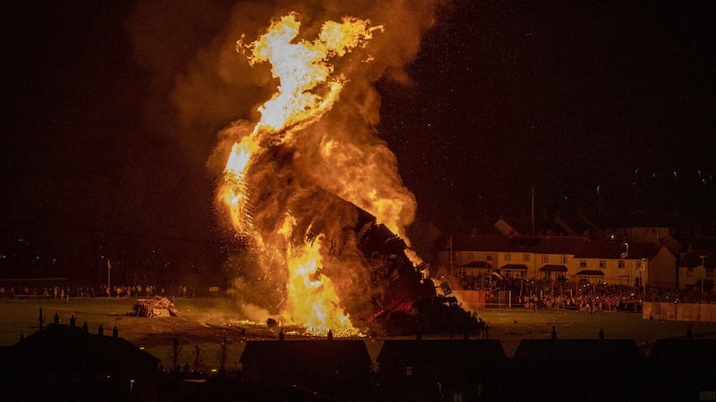 Craigyhill loyalist bonfire in Larne, Co Antrim, on the Eleventh night.  Picture by PAWire/Liam McBurney