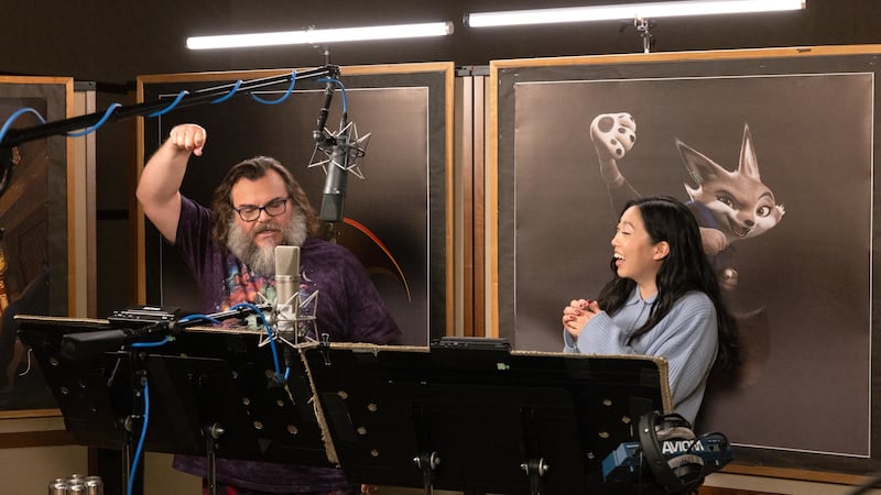 Jack Black and Awkwafina in the recording booth for Kung Fu Panda 4