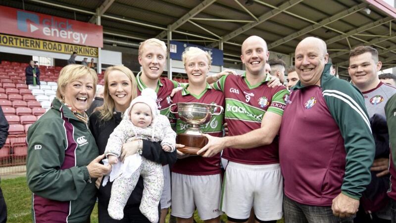 The Daly clan pictured celebrating Eoghan Rua&#39;s Derry SFC success, with baby Ava Hughes in the arms of her mother Orlagh. Her brothers (L-R) Barry, Eoghan and Paul will go up against Orlagh&#39;s husband Darren in the Ulster Club SFC this weekend. Picture by Mary K Burke 