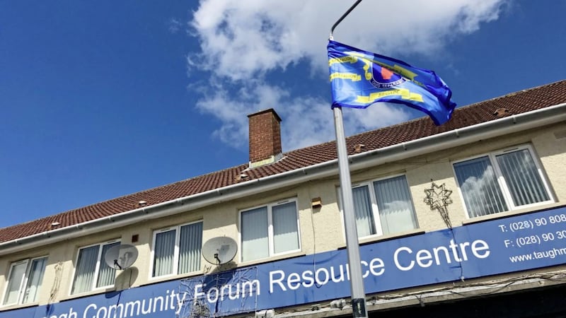 A UDA flag flying outside Taughmonagh Community Forum Resource Centre 