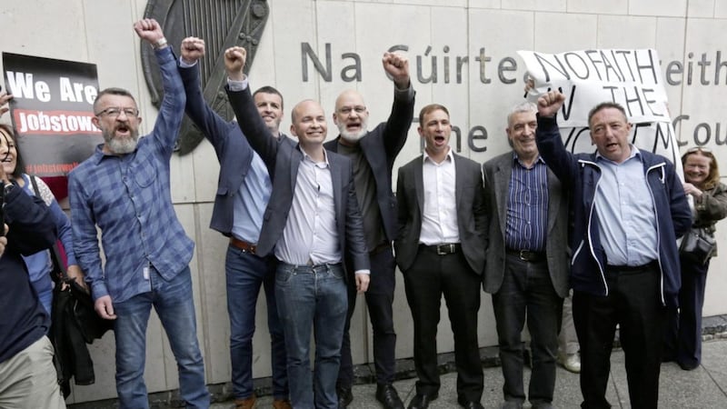 From left, Ken Purcell, Scott Masterson, Paul Murphy TD, Cllr. Michael Murphy, Cllr. Ciaran Mahon, Frank Donaghy, Michael Banks, who were found by a jury at Dublin&#39;s Circuit Criminal Court not guilty of restricting the personal liberty of ex-Tanaiste Joan Burton and her then assistant Karen O&#39;Connell in 2014. Picture by PA 