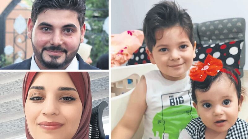 Belfast-born Palestinian Khalid El-Astal (top left) is trying help his wife Ashwak and their children Ali (4) and Sara (1) escape fighting in Gaza