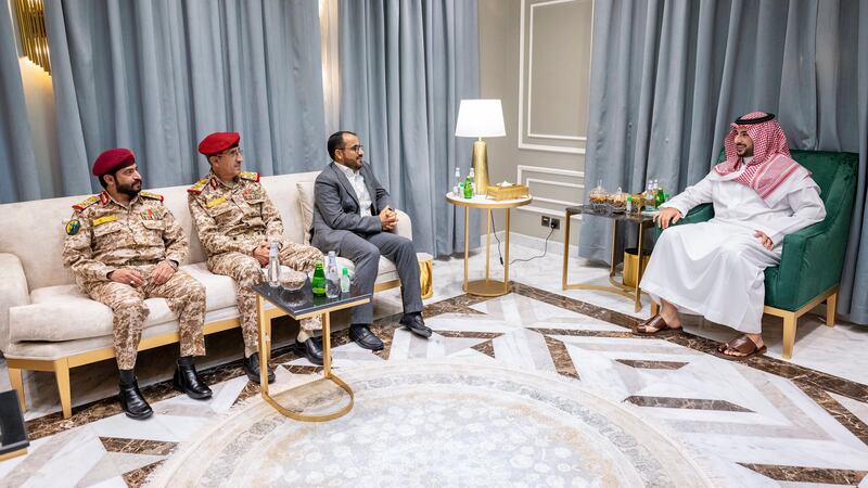 Saudi Defence Minister Prince Khalid bin Salman, right, meets a delegation from Yemen’s Houthi rebels in Riyadh, Saudi Arabia (Saudi government via AP/PA)