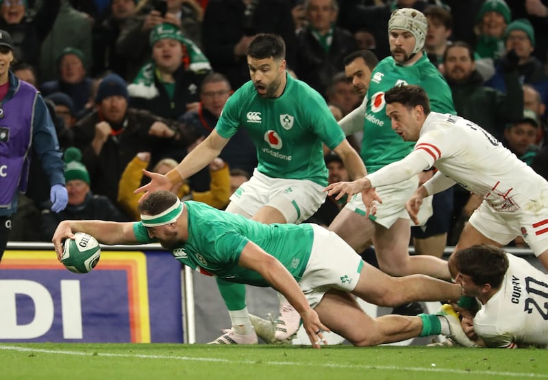 Ireland's Rob Herring dives in to score his side's fourth try during the Guinness Six Nations win over England at the Aviva Stadium which clinched the Grand Slam in March    Picture: PA