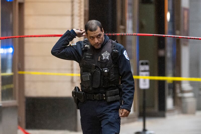 A police detective looks for evidence at the scene of the killings (Tyler Pasciak LaRiviere/Chicago Sun-Times via AP)