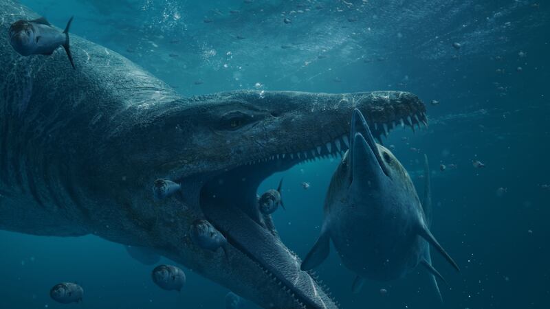 A pliosaur about to attack an ichthyosaur in the ocean (BBC Studios)
