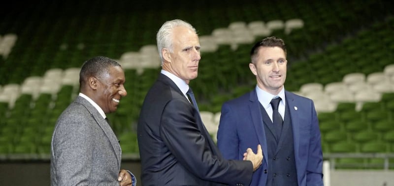 New Republic of Ireland manager Mick McCarthy (centre) with new assistant coaches Terry Connor (left) and Robbie Keane following a press conference at The Aviva Stadium, Dublin&nbsp;