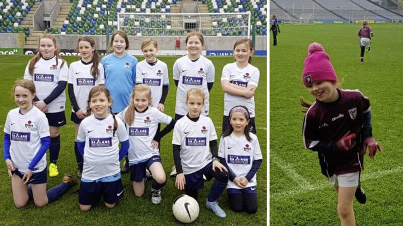 Ciara Daly pictured at Croke Park (right) and (front row, second from left) with her Rosario Football Club team at Windsor Park