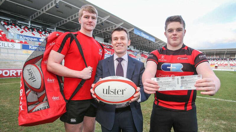 John McCusker (left, Rainey RFC) and Paul Mullen (Armagh RFC) are pictured at Kingspan Stadium with David Acheson, Financial Director, Ulster Carpets, at the launch of the &#39;Ulster Carpets Club of the Month&#39; initiative. Picture by John Dickson 
