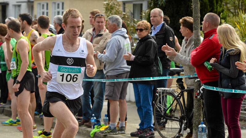 John Travers, Donore Harriers, on his way to winning the Senior Mens Relay race at the GloHealth Road Relay Championship in April 2015