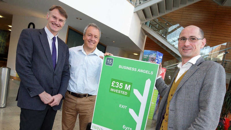 William McCulla, left, director Invest NI, pictured with Alan Watts, director Halo NI, and Ian Scott, founder of Taggled  