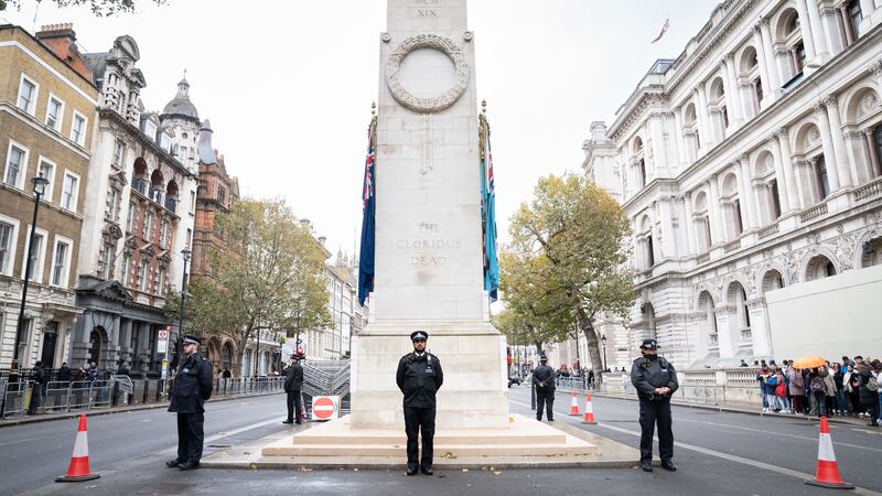 Officers from the Metropolitan Police on duty beside the Cenotaph in Whitehall, central London, ahead of marches planned for the centre of the city on Saturday – Armistice Day. Picture date: Friday November 10, 2023.