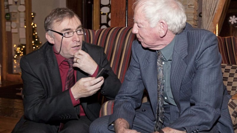 Gerry McLaughlin interviews the legendary PT Treacy at the Devenish GAA centenary dinner dance in The Mill Park Hotel, Donegal Town. Photo: Philip Mulligan 