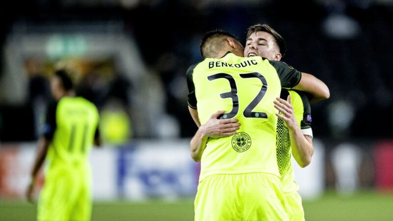 Celtic players Filip Benkovic and Kieran Tierney celebrate their 1-0 win over Rosenborg 