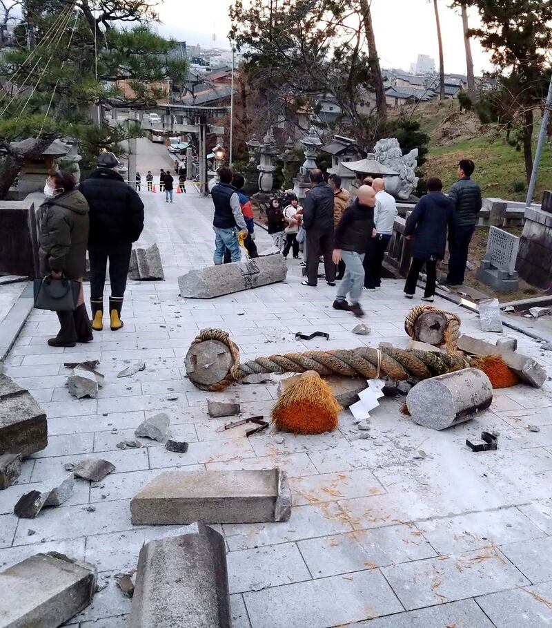 Earthquake damage to a shrine in Kanazawa, Ishikawa prefecture, Japan (Kyodo News/AP)