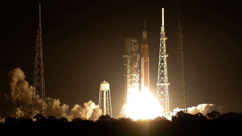 Nasa’s new moon rocket has blasted off on its debut flight.