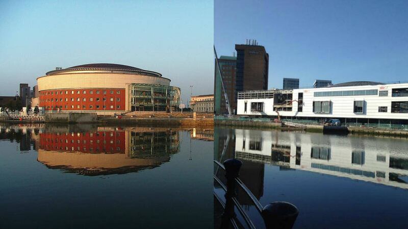 The view of the Waterfront Hall before (left) and the extension construction underway (right) 
