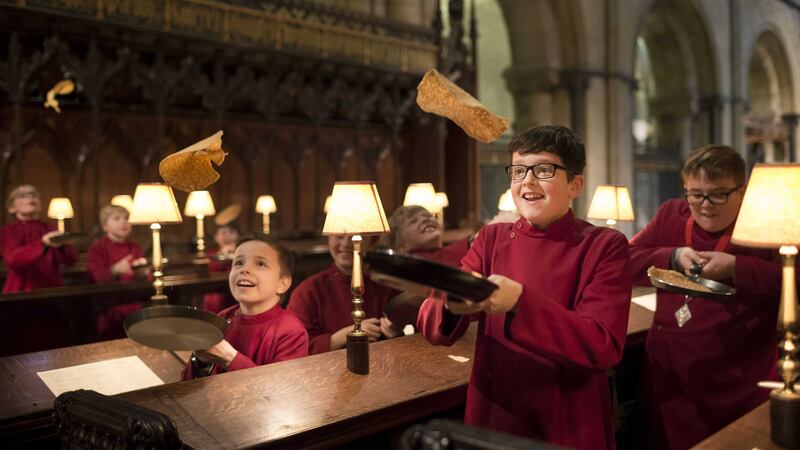 Young choristers at Chichester Cathedral in Sussex enjoying pancake practice at choir rehearsal. Picture by Christopher Ison, Press Assocation&nbsp;