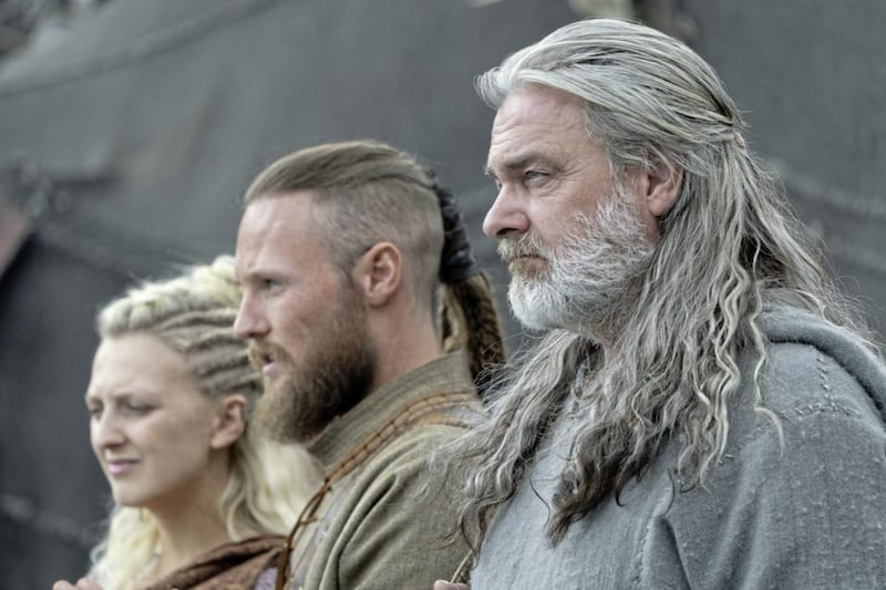 Vikings Season 6 Part 2: Georgia Hirst as Torvi, Jordan Patrick Smith as Ubbe and Ray Stevenson as Othere 