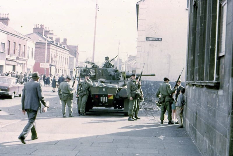 The Falls Road and Sevastapol Street junction in 1969 now the headquarters of Sinn Fein 