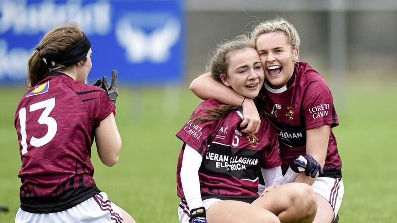 Loreto, Cavan, players Niamh Keenaghan (left) and Aine Reilly celebrate after the Lidl All-Ireland Post Primary School Senior A Final match against Loreto, Clonmel, Tipperary at Kinnegad in County Westmeath. Picture: Matt Browne/Sportsfile. 