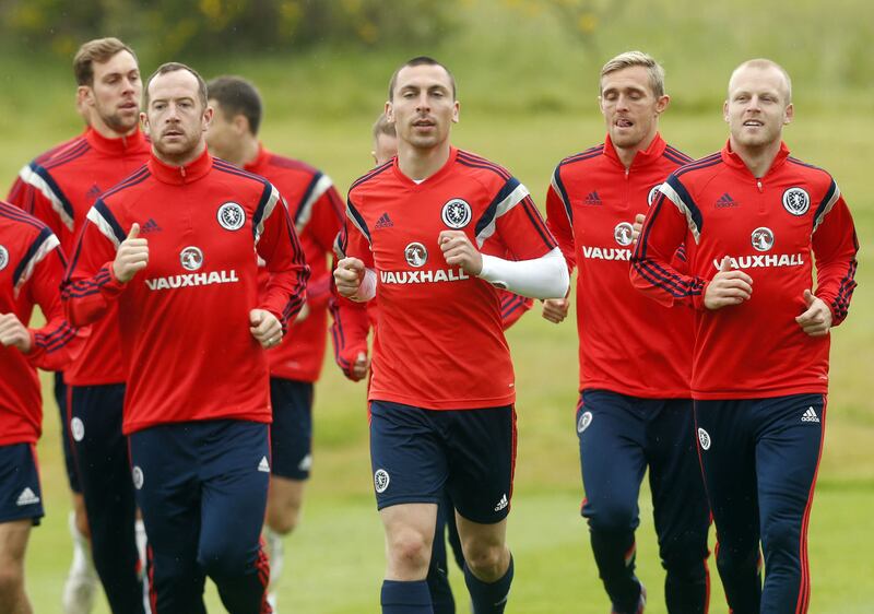 Scotland's (left to right) Charlie Adam, Scott Brown, Darren Fletcher and Steven Naismith during the training session at Mar Hall, Bishopton on Thursday June 4, 2015