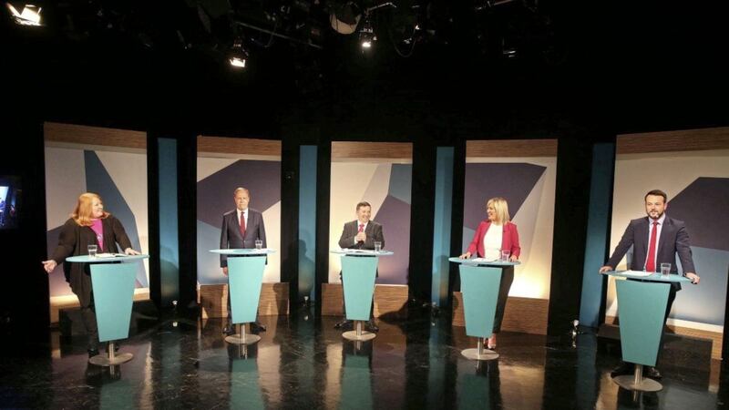The leader&#39;s debate panel of Naomi Long, Nigel Dodds, Robin Swann, Michelle O&#39;Neill and Colum Eastwood. Picture by Mal McCann 