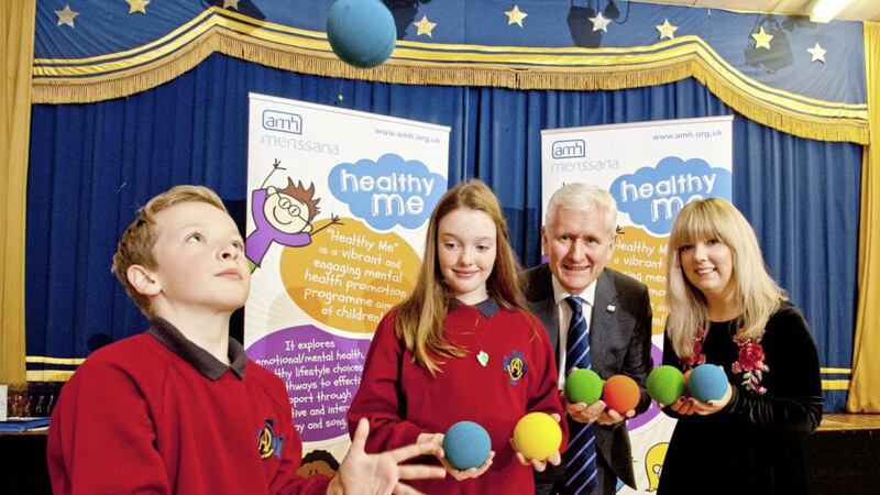 David Babington of Action Mental Health and assembly member Catherine Seeley at Carrick Primary School 