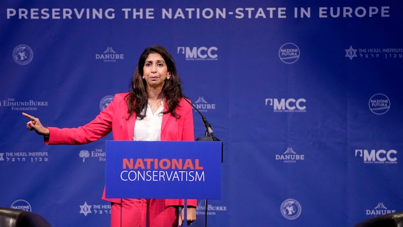 Suella Braverman addressed the National Conservatism conference in Brussels, which local authorities attempted to shut down over public safety concerns. (AP Photo/Virginia Mayo)
