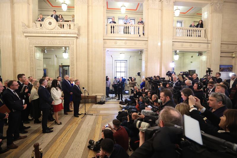 The media scrum in the Great Hall