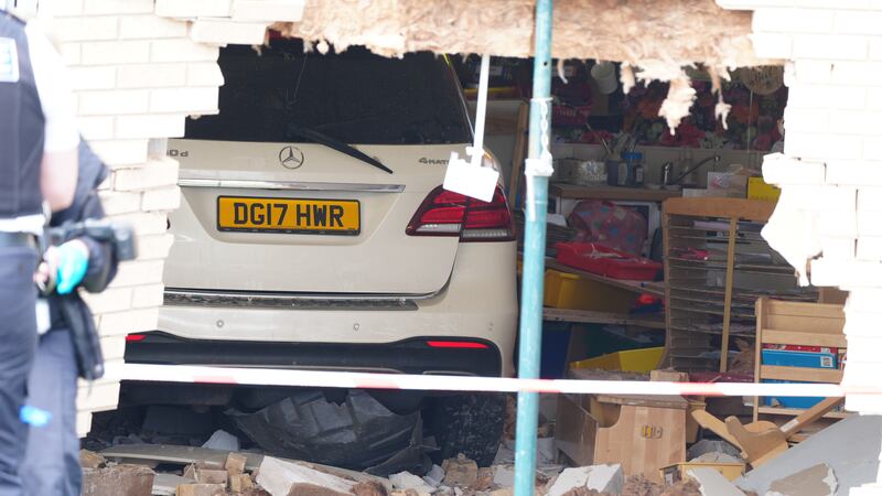 Debris and damage to the Beacon Church of England Primary School, in Anfield, Liverpool, after a car crashed into the building