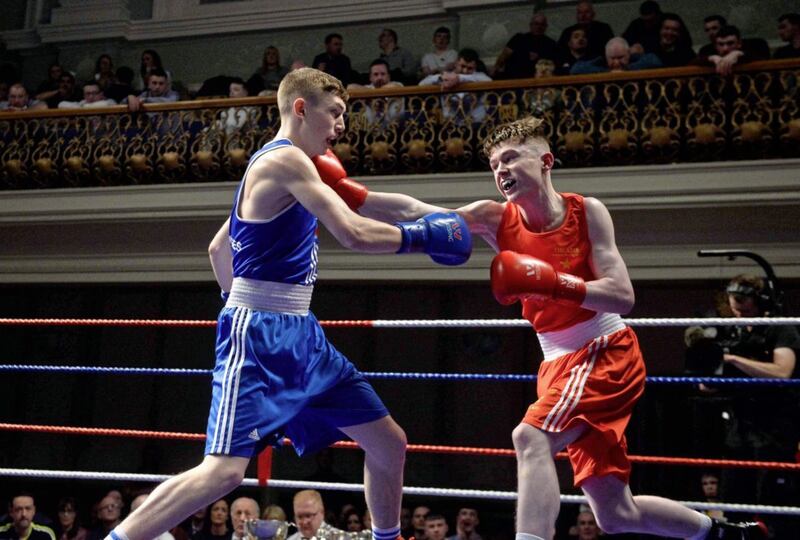 JP Hale and Colm Murphy produced the fight of the night at the Ulster Hall on Saturday, and they will do it all again in the Irish U22 Championship final at 56kg on Friday night. Picture by Mark Marlow 