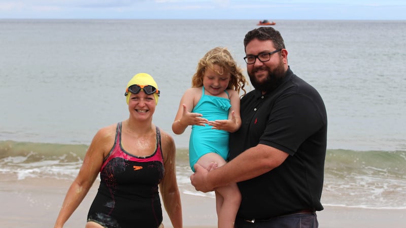 Heather Clatworthy with husband Ian and daughter Lily before she began her 13 mile swim from Stroove in Co Donegal to Portstewart in Northern Ireland. <br />&nbsp;