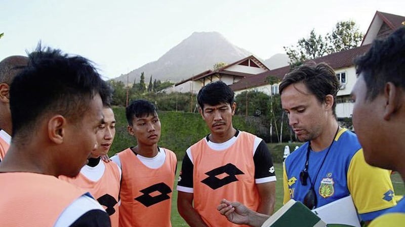 Belfast man Paul Munster takes Bhayangkara training ahead of his first game in charge, against Bali United today 