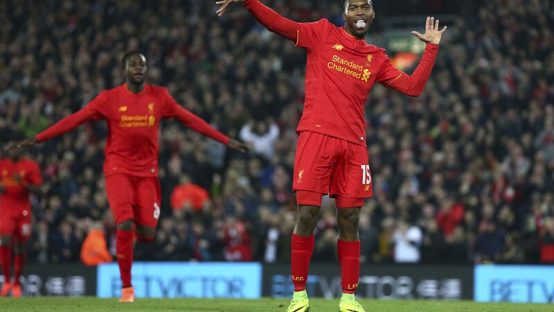 Liverpool's Daniel Sturridge celebrates scoring his second goal in Tuesday's EFL Cup match against Tottenham Hotspur at Anfield&nbsp;<br />Picture by PA
