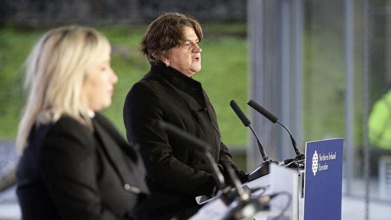 First Minister Arlene Foster (right) and Deputy First Minister Michelle O&#39;Neill during a Covid-19 update press conference. The NI executive is due to meet tomorrow and are expected to offer some clarity on dates around the return of community sport. 