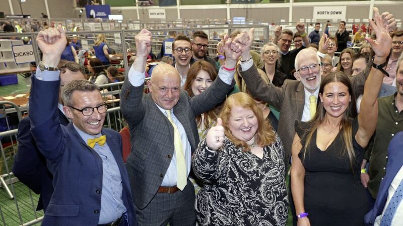 Along with Sinn F&eacute;in, the Alliance Party were the clear winners in the election to the Stormont Assembly. Pictured with leader Naomi Long are successful candidates Sorcha Eastwood (Lagan Valley), John Blair (South Antrim) and Andrew Muir (North Down) Photo: Pacemaker Belfast 