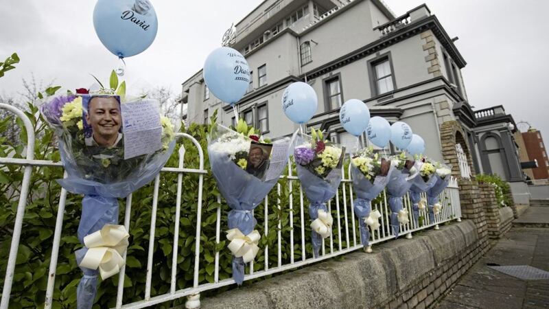 Balloons, flowers, photos and messages at the site of the former Regency Hotel in Dublin, since renamed the Bonnington Hotel, left by family members and friends of David Byrne who was shot dead by members of the Hutch gang during a boxing weigh-in on February 5 2016 
