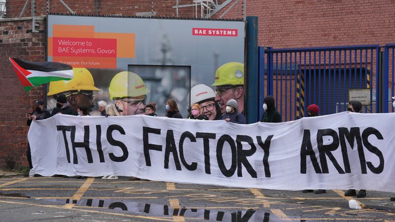 Protesters form a blockade outside weapons manufacturer BAE Systems in Govan