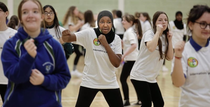 IABA put on a day of Boxing during International Womens dat at Lisnasharragh Leisure centre for school girls in Belfast .picture by Hugh Russell. 