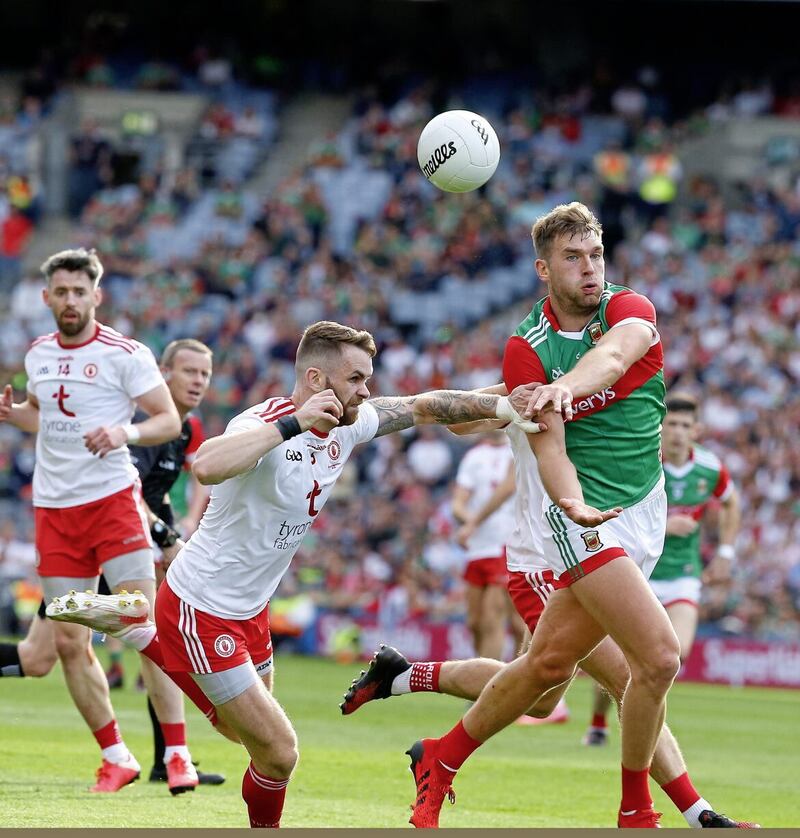 Tyrone's Ronan McNamee in action against Mayo