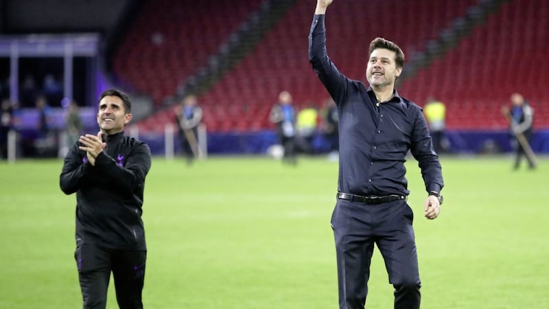 Tottenham Hotspur manager Mauricio Pochettino (right) and Jesus Perez celebrate reaching the Champions League Final. 