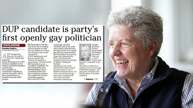 DUP council election candidate Alison Bennington, and inset, how The Irish News reported she is the party&#39;s first openly gay politician. Picture by Mal McCann 