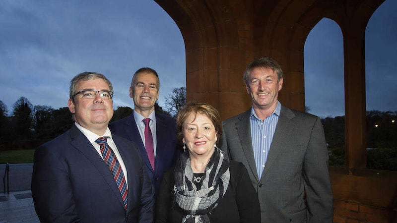 Pictured at the Launch of a New Corporate  Leadership Programme by First Trust Bank and the William J Clinton Leadership Institute at the Ridell Hall is Bernard Byrne, CEO AIB Group, Des Moore, Head of First Trust Bank, Anne Clydesdale, Director of the William J Clinton Leadership Institute and Kevin Gaskell, former Managing Director of Porsche GB and BMW.   Picture by Brian Morrison 